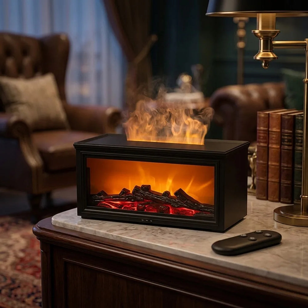 Fireplace Flame Aroma Diffuser Humidifier Remote Control USB Wood Grain Bedroom Living Room Home Office Desktop Mist Maker