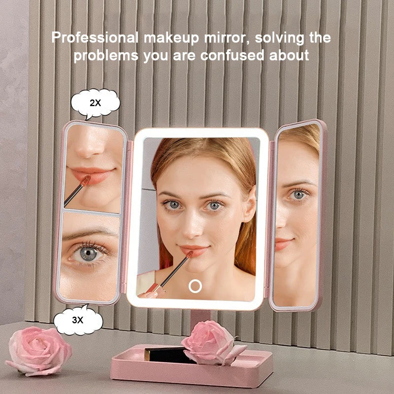 90 180 Degree Rotatable Magnification Stand Double Sides Flymiro Tri-fold Lighted Rectangular Customizable Color Makeup Mirror