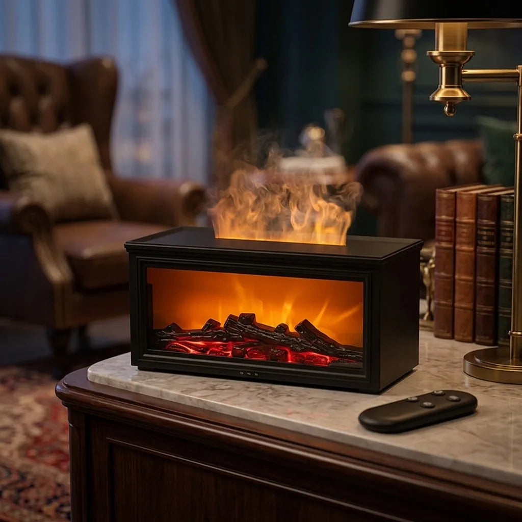 Fireplace Flame Aroma Diffuser Humidifier Remote Control USB Wood Grain Bedroom Living Room Home Office Desktop Mist Maker