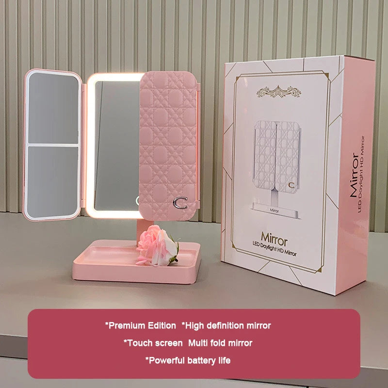 90 180 Degree Rotatable Magnification Stand Double Sides Flymiro Tri-fold Lighted Rectangular Customizable Color Makeup Mirror
